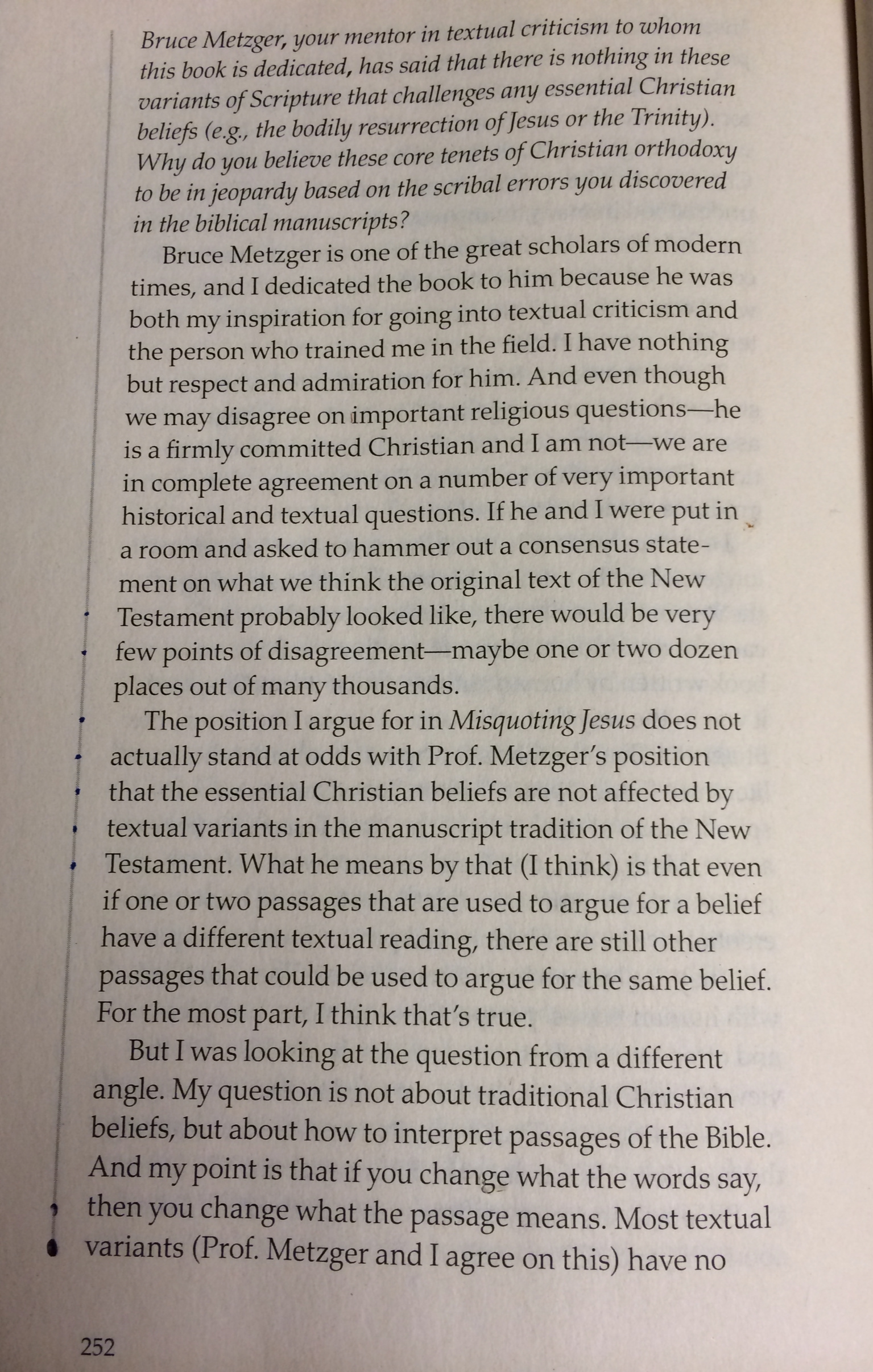 Page 252 of Misquoting Jesus by Bart Ehrman, showing the Q&A section with the key quote about essential Christian beliefs and textual variants.
