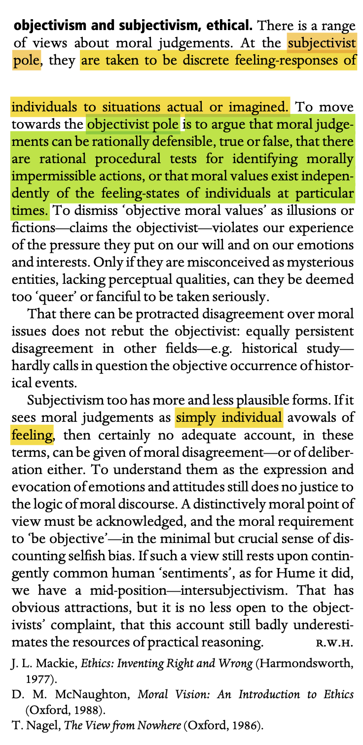 Pages 667-8 from the Oxford Companion to Philosophy (2nd ed.), defining objectivism and subjectivism in ethics, with key passages highlighted.