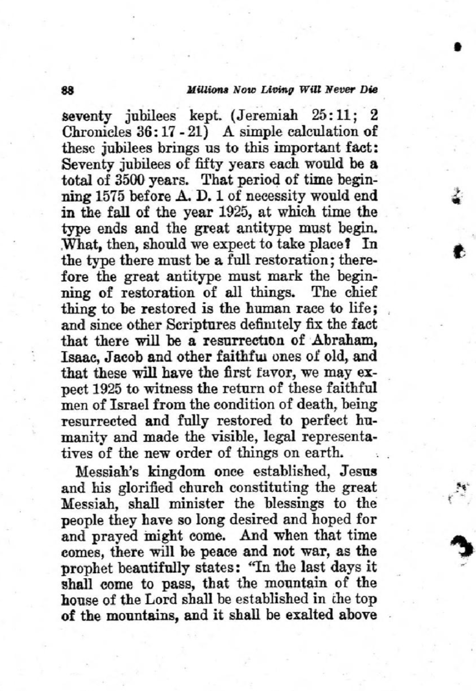 Page 88 of Millions Now Living Will Never Die by Joseph Rutherford (1920), showing the prophecy that Abraham, Isaac, and Jacob would be resurrected in 1925 as visible representatives on earth.